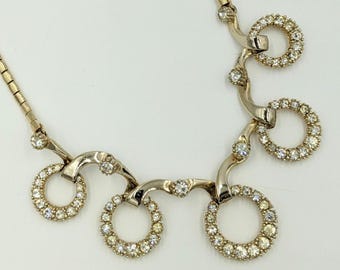 Mid-Century 1950's 1960's MCM Gradual Circle Doorknocker Gold Tone White Rhinestone Vintage Necklace