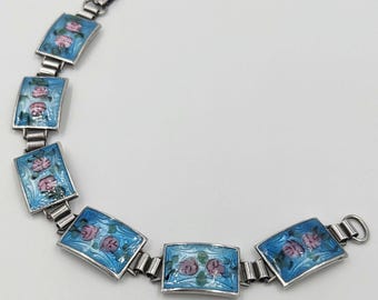 Sterling Silver Mid Century Blue Enamel Bracelet Flower Floral Link Bracelet
