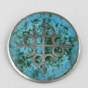 Mid Century Sterling Silver Brooch with Turquoise Blue Green Enamel Inlaid Design Pin
