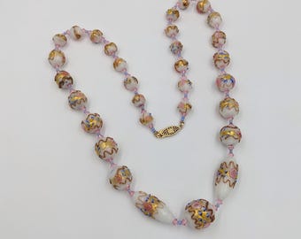 Italian Venetian Murano Glass Wedding Cake Mid Century Gold Filled Vintage Beaded Necklace