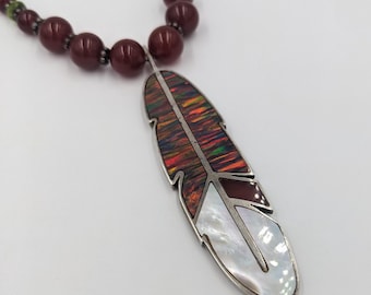 Vintage Sterling Silver Opal Carnelian Mother of Pearl Feather Gemstone Necklace