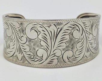 Sterling Silver Vintage Chased Cuff Bracelet with Paisley Spiral Scroll Leaf Design