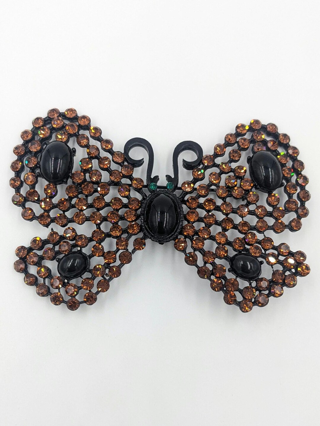Vintage Designer Butterfly Pin Cadoro Black Metal Amber Rhinestone Huge ...