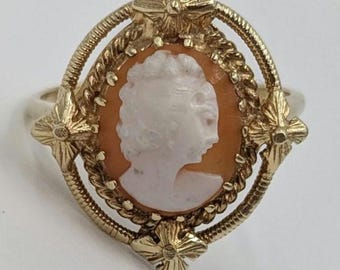 Anello con ritratto in cammeo vintage in oro 14 carati, design nord-sud-est-ovest
