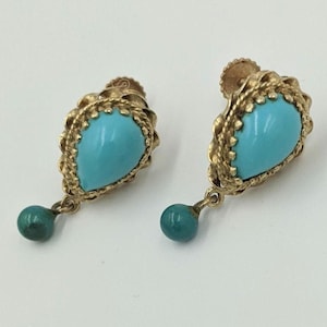 Mid-Century 14K Yellow Gold Persian Turquoise Screw Back Earrings