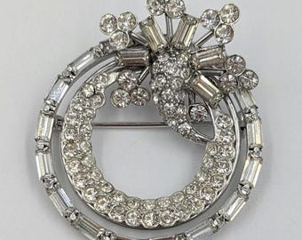 Sterling Silver Rhinestone Vintage Pin Clear White Crystal Mid Century Brooch