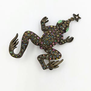 Kirks Folly Vintage Designer Frog Brooch Rhinestone Crystal Pink Green Blue Purple Pin