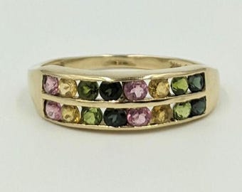 14K Rainbow Gemstone Vintage Ring Yellow Gold Green Peridot Pink Blue Sapphire Citrine