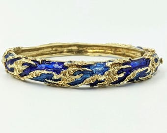 Eccezionale bracciale rigido Mid Century Mod in oro giallo massiccio 14 carati con splendido smalto blu