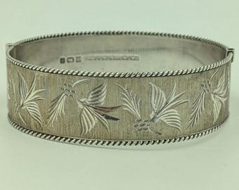 Bracciale rigido in argento sterling con motivo a foglia e piuma di uccello inglese, polsino vintage