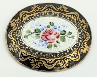 Spilla antica in smalto blu cobalto con fiore rosa, spilla in argento color oro bianco e verde