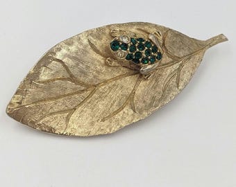 Spilla vintage a forma di rana con foglia e strass, anni '60