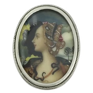 Antique Painted Portrait 800 Silver Pin Pendant Handpainted Miniature Snake Landscape Woman Painting Brooch