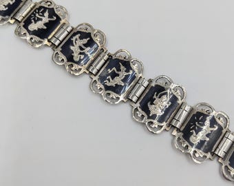 Bracciale vintage in argento sterling con maglie in smalto nero Siam con Dea