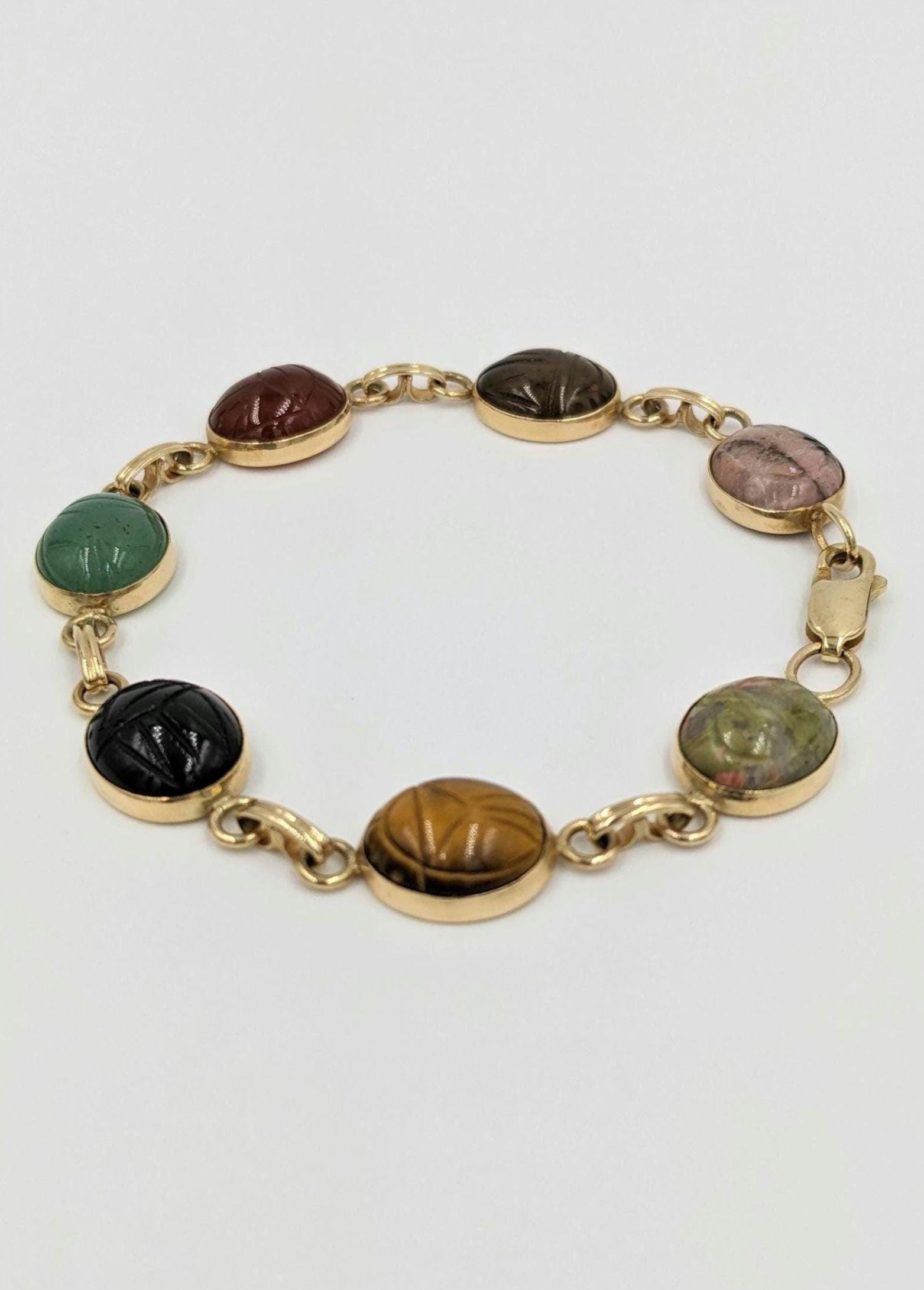 14K Yellow Gold Van Dell Designer Scarab Gemstone Bracelet with Jade Onyx Carnelian