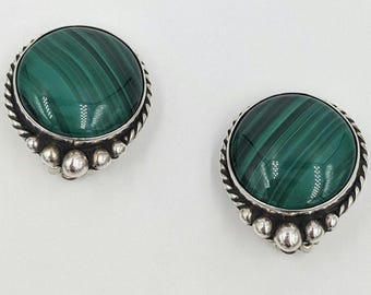 Sterling Silver Malachite Vintage Green Gemstone Clip Earrings
