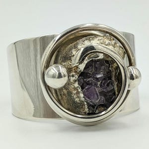 Designer Modernist Amethyst Geode Vintage Gemstone Silver Cuff Bracelet Signed AD Design