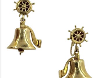 14k Gold Mid Century Vintage Nautical Ship Helm Bell Screw Back Earrings 1950s Movable Charms