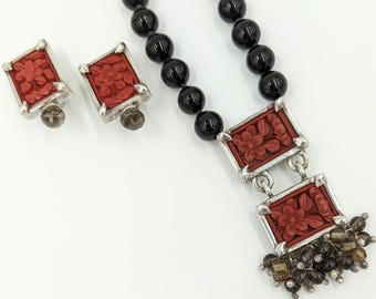 Vintage Cinnabar Smokey Quartz Sterling Silver Onyx Earrings Carved Flower Gemstone Red Black Necklace Set