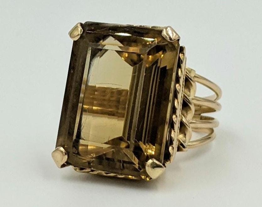 Vintage 18K Yellow Gold Smoky Quartz Gemstone Cocktail Ring 1960’s MCM Mod Century Huge