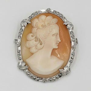 800 Silver Marcasite Cameo Pin Rhodium Plated Vintage Hand Carved Brooch