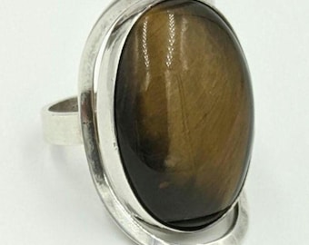 Vintage Modernist Sterling Silver Tigers Eye Modern Ring