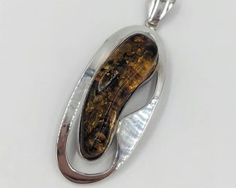 Ciondolo vintage modernista grande in argento sterling e ambra