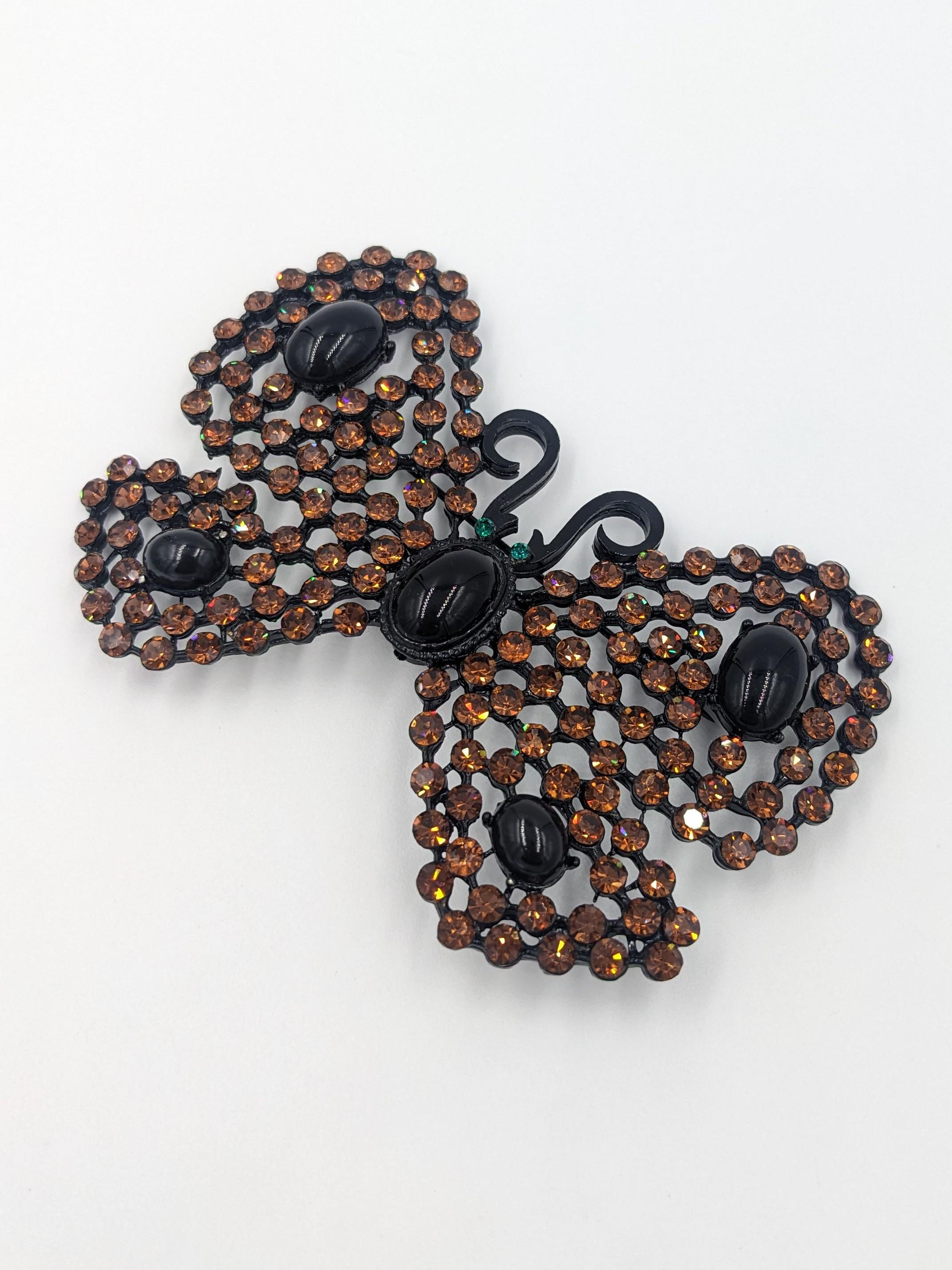 Vintage Designer Butterfly Pin Cadoro Black Metal Amber Rhinestone Huge ...