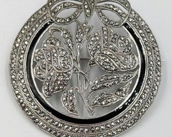 Art Deco Sterling Silver Antique Marcasite Black Enamel Brooch Flower Pin