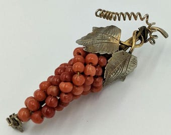 Antique Coral Grape Bunch Pin Cluster 800 Silver Brooch
