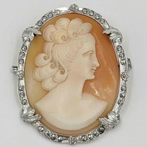 Broche camée en argent 800 marcassite plaquée rhodium vintage sculptée à la main