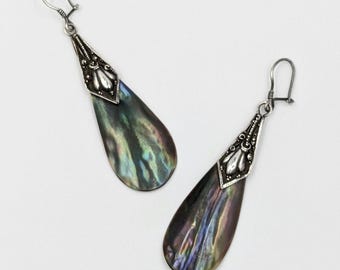 Vintage 1970's Abalone Sterling Silver Mother of Pearls Pierced Earrings