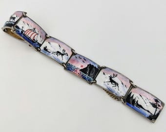 Bracciale a maglie in argento sterling con smalto norvegese e alce, nave, tramonto, foresta, oceano, lago
