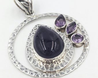 Sterling Silver Amethyst Gemstone Hammered Texture Teardrop Marquise Pendant