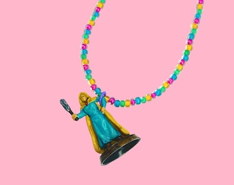 Holly the Heroic Beaded Necklace, 80s Jewelry Gift, 3D Printed Figurine, Hand Painted Cleric, Czech Glass Beads, Cosplay Prop Accessory