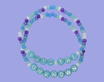 Into The Unknown Beaded Bracelet, Song Quote Bangle, Word Jewellery, Purple Blue Kandi Cuff