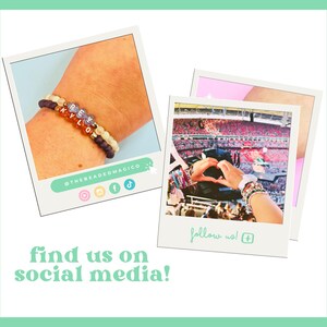 May include: The image features two bracelets with letter beads spelling "KYLO" and other beads in shades of brown, orange, and white. The image also includes a photo of a concert with a person wearing a bracelet. Text reads "find us on social media!"