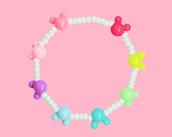 Pastel Mickey Head Bracelet, Stretchy Kandi Cuff with Mouse Charms, Kawaii Park Style Jewelry
