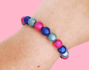 Pink Blue Beaded Bracelet, Chunky Sensory Jewellery, Y2K Kandi Accessory