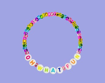 Oh What Fun Bracelet, Rainbow Christmas Beaded Jewelry, Festive Word Stretch Kandi Cuff