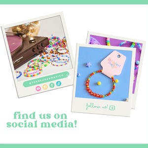 Green graphic titled Social Media. It has two polaroid-like photos. Left: Beaded bracelets on a person's wrist. Right: Person making a heart shape with hands at a stadium event. Text: Find us on social media! and includes the businesses social media handles.