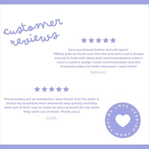 May include: A light purple background with customer reviews. The text reads "customer reviews" in a handwritten font. There are two sets of five-star ratings and customer testimonials. A circular graphic with a heart and the words "YOU! WE LOVE HEARING FROM" is also present.