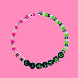 Unlimited Beaded Bracelet, Wicked Green & Pink Stretch Kandi Cuff, Musical Fandom Jewelry