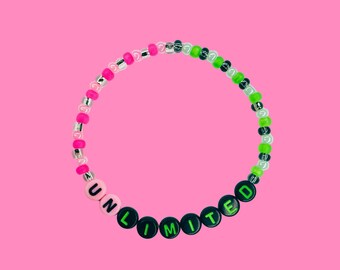 Unlimited Beaded Bracelet, Wicked Green & Pink Stretch Kandi Cuff, Musical Fandom Jewelry