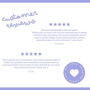 Purple graphic titled Reviews. It features customer reviews of bracelets. Two reviews give five stars, praising product quality and customer service. A circular stamp with a heart reads: We love hearing from you.
