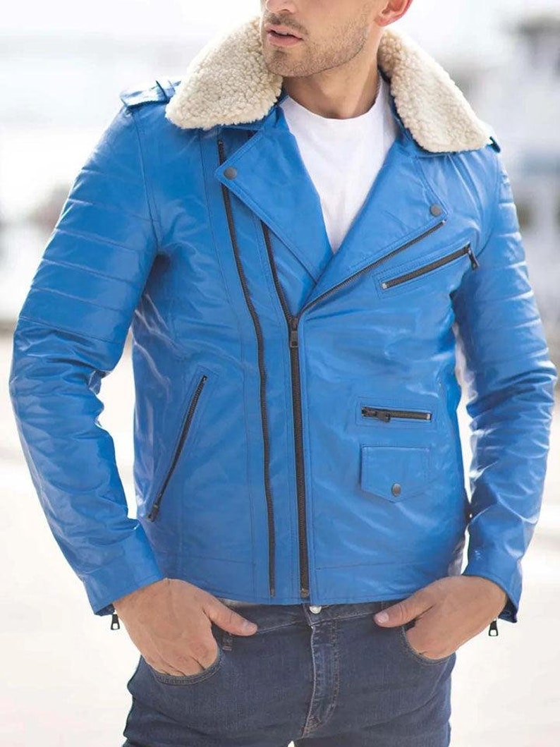 Jaxon Faux Fur Collared Blue Men's Leather Jacket Handmade Coat ...