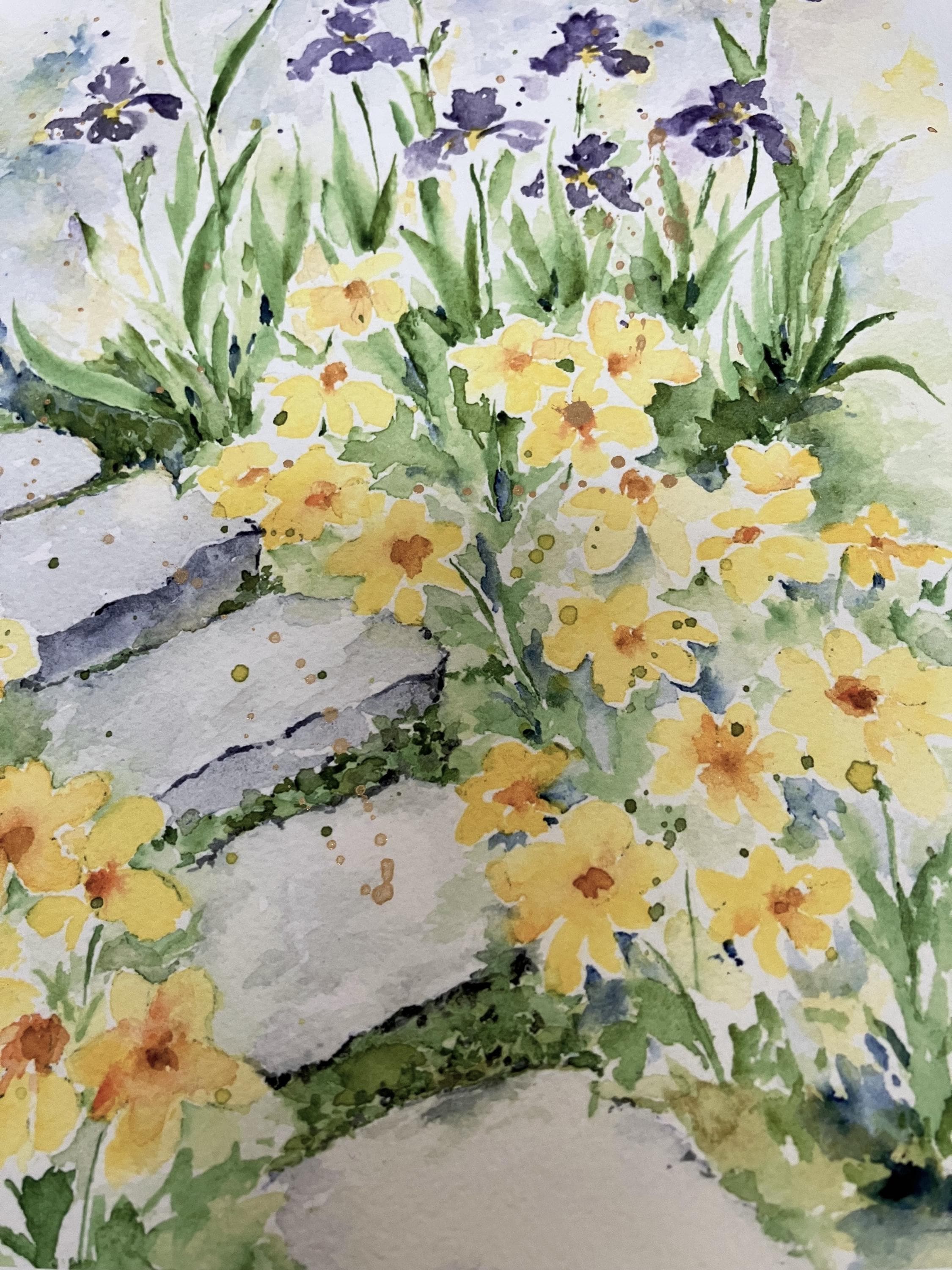 Daisies,Irises,Garden,Giclee,Print,Stone steps,Unframed,Impressionist,Art,Watercolor,Floral art,Archival print