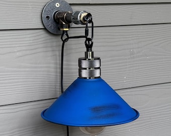 Rustic industrial wall sconce. Handmade barn light with.Conical lampshade.
