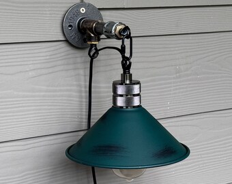 Rustic industrial wall sconce. Handmade barn light with.Conical lampshade.
