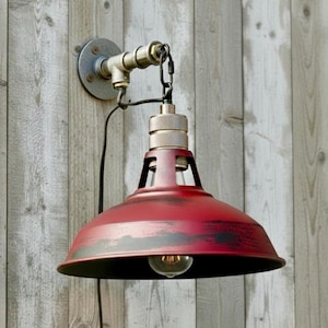 Rustic industrial wall sconce. Handmade barn light with.Conical lampshade.